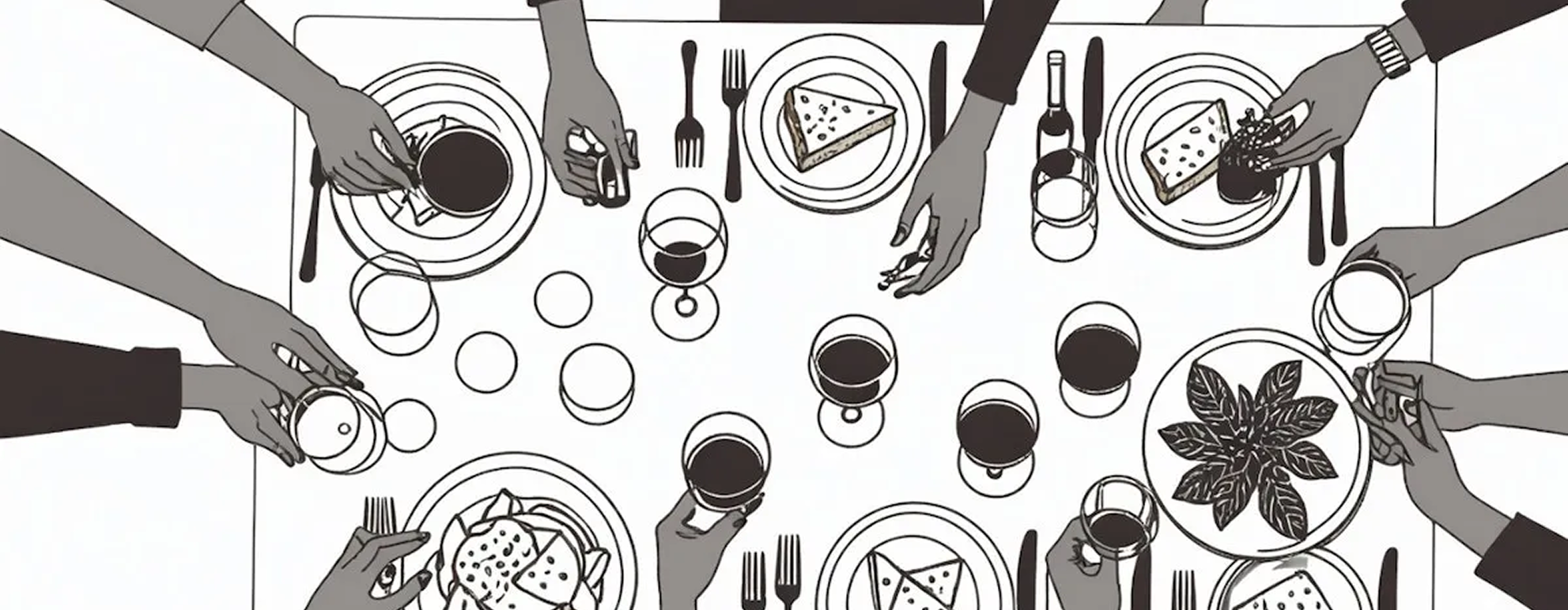 A long communal table set for dinner